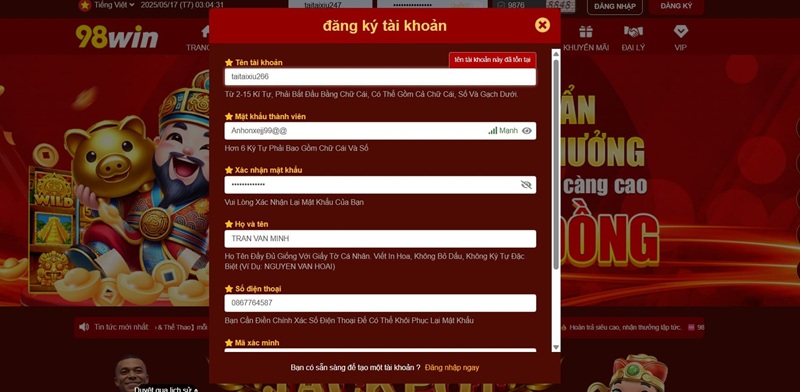 hướng dẫn đăng ký 98vin
